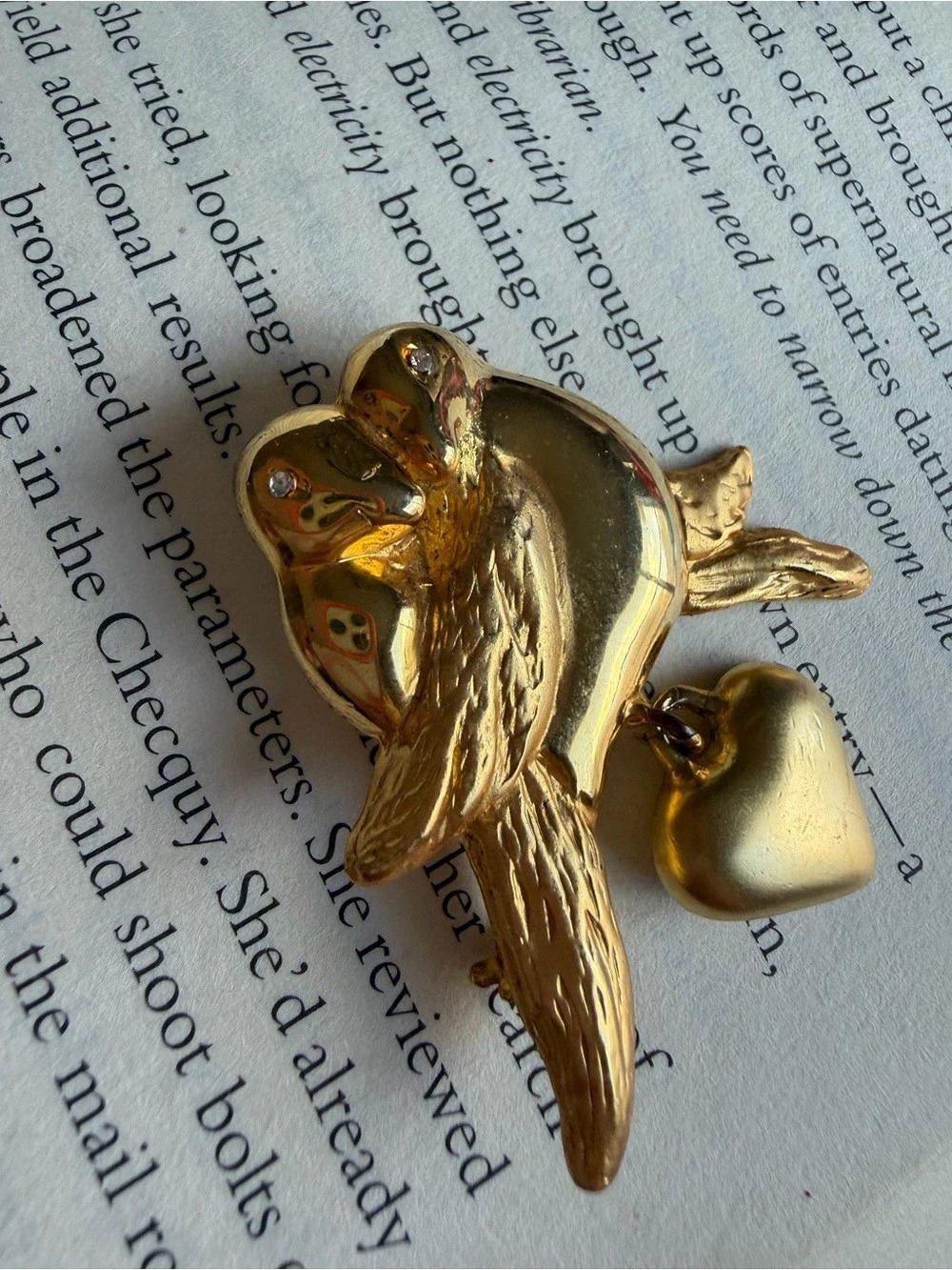 Gold Bird Brooch with Heart Pendant
